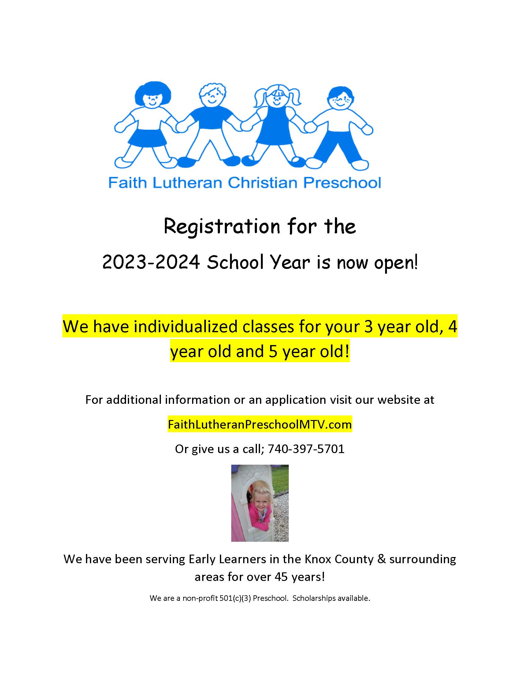 Faith Lutheran Christian Preschool - 2023-2024 Registration